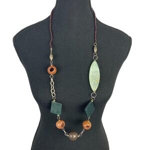 Vintage Asymmetrical Mixed Media Statement Necklace Wood Shell Green Modernist